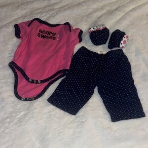 Adorable Kids 3-6 mo Set with Pink Bodysuit and Black Polka Dot Pants